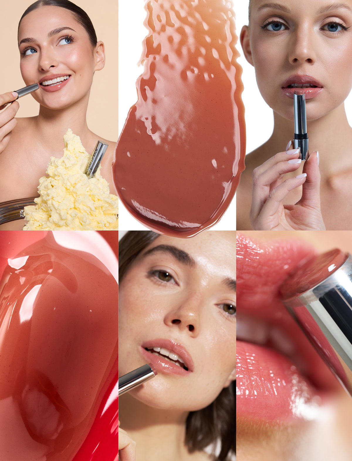 Seria zdjęć przedstawiających delikatne usta o zabarwieniu nude, modelki z uśmiechem prezentujące produkt, który rozpływa się przy zetknięciu z ustami