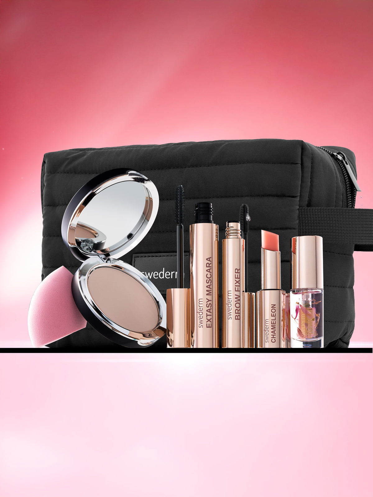 swederm.pl Make-up set z kosmetyczką - Perfectly Matte, Extasy Mascara, Brow Fixer, Chameleon, Fiori Lip Oil + gąbka — Składniki i ocena